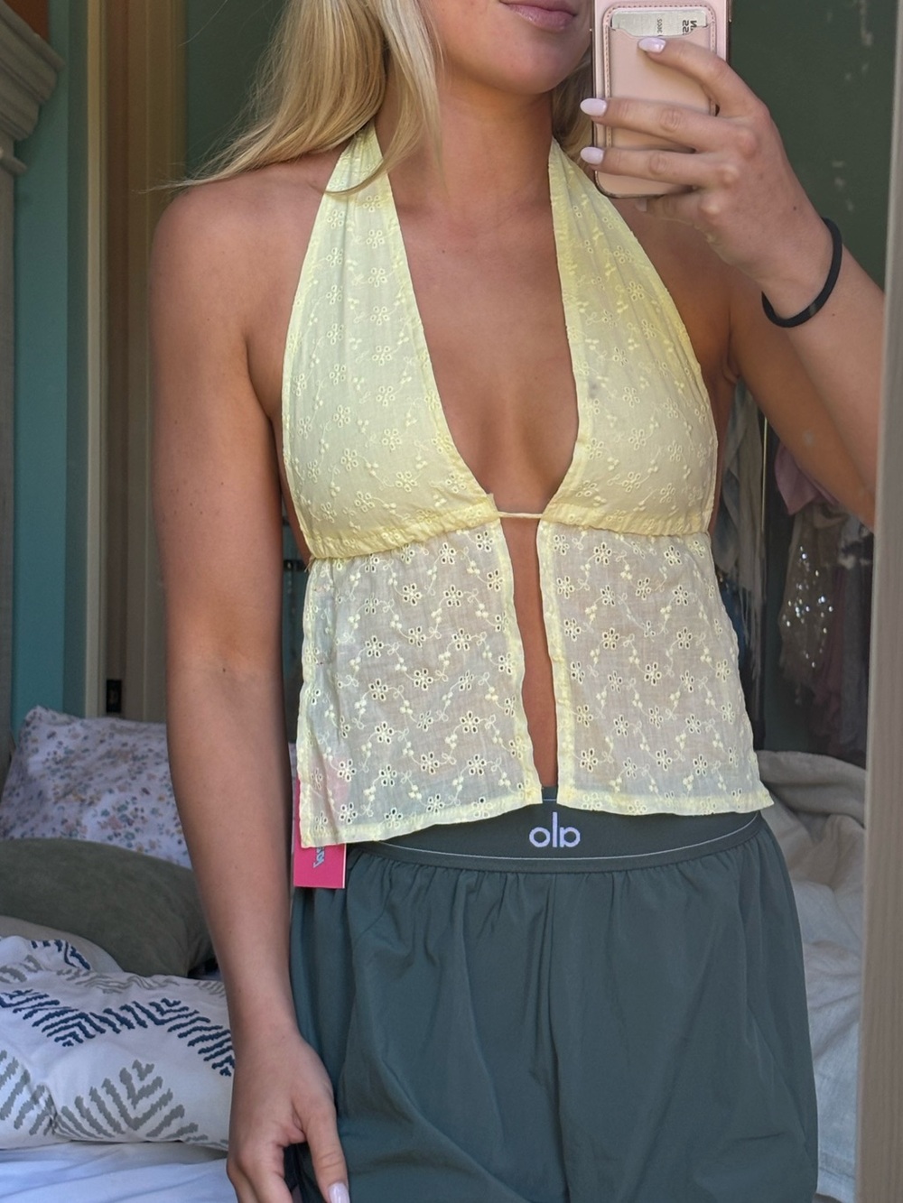 Edikted Pale Yellow Sheer Lace Halter Crop Top